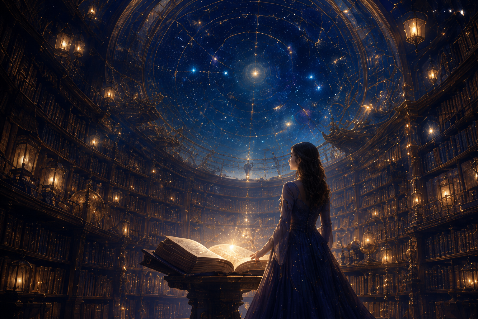 星降る図書館をイメージした幻想的な宇宙図書館の挿し絵